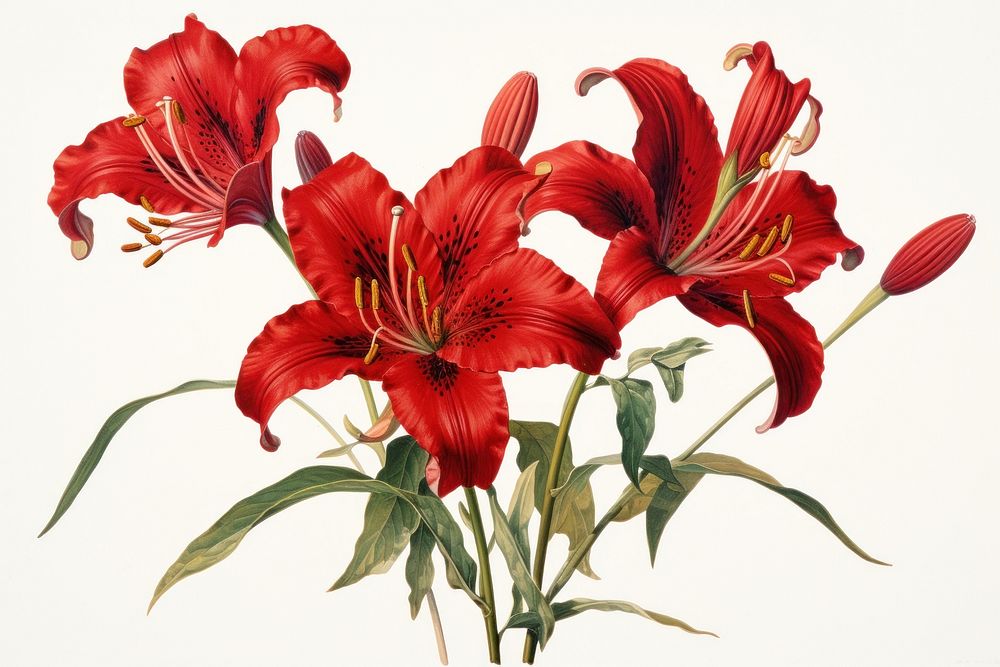 Botanical illustration red lilies flower plant lily.