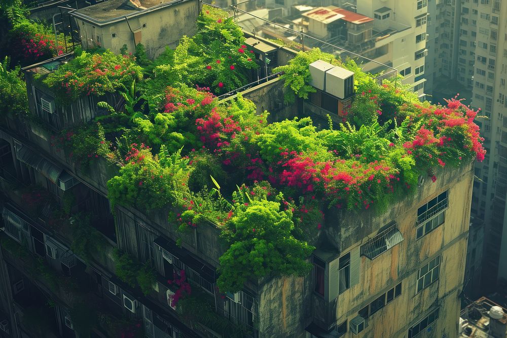 Beautiful city with flowers growing out from building architecture outdoors nature.