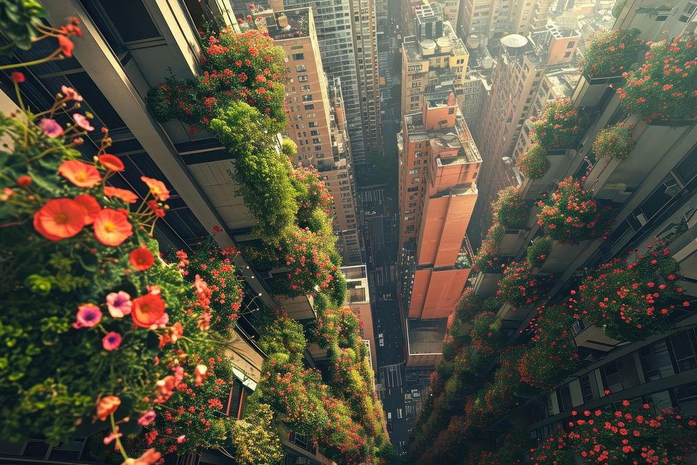 Beautiful city with flowers growing out from building scene architecture metropolis cityscape.