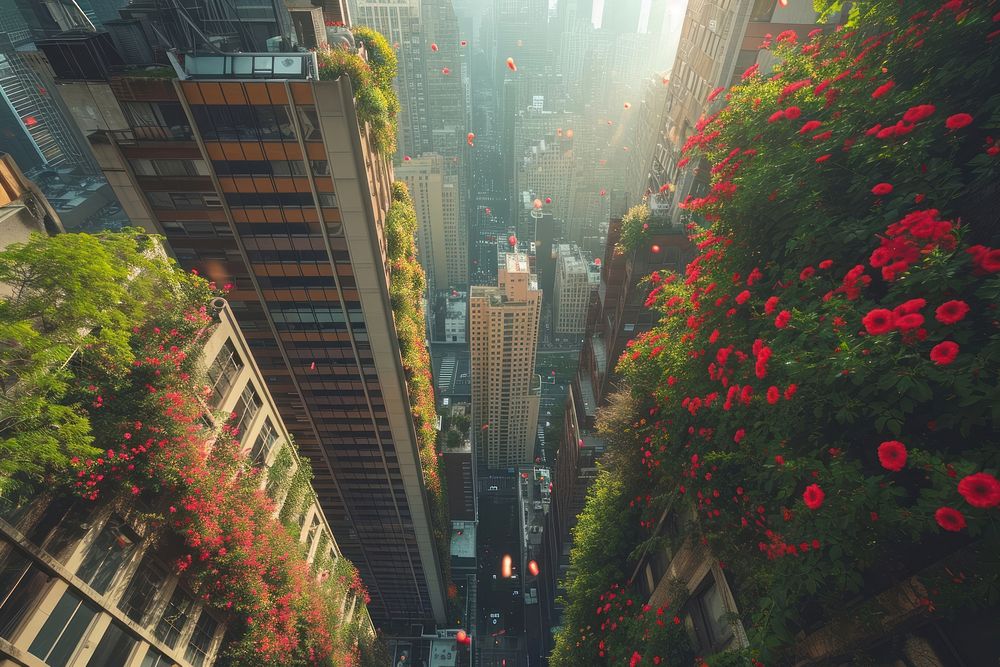 Beautiful city with flowers growing out from building scene architecture metropolis cityscape.