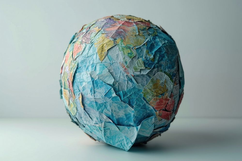 A globe made entirely from Collage paper material sphere art creativity.