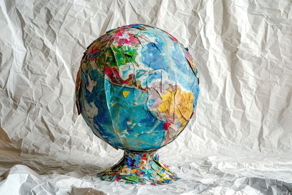 A globe made entirely from Collage paper material sphere creativity sculpture.