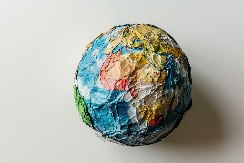A globe made entirely from Collage paper material sphere art egg.