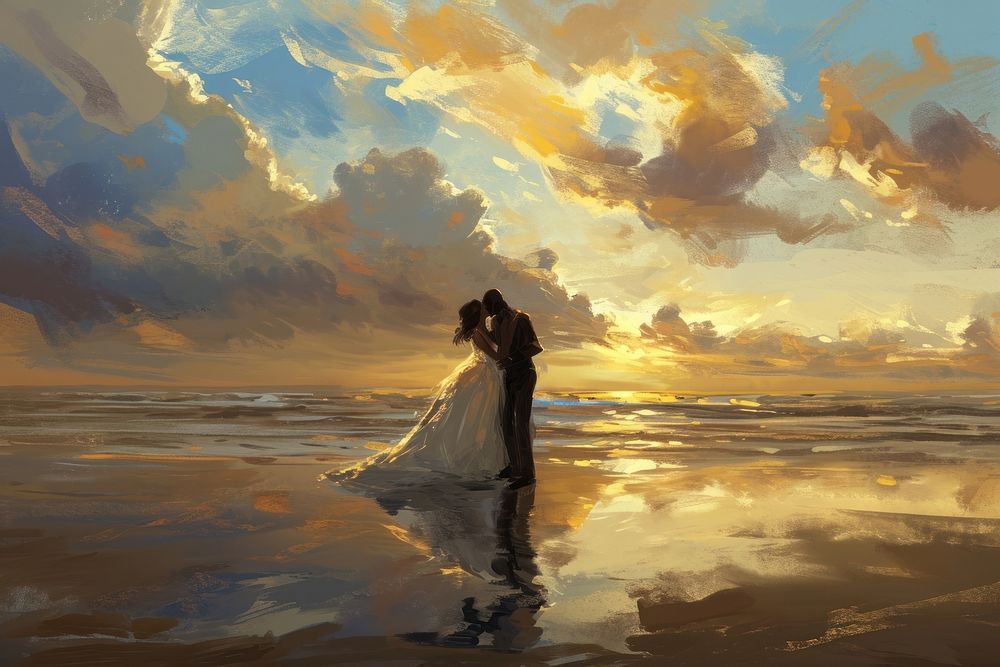 Black couple in their wedding attire outdoors standing sunset.