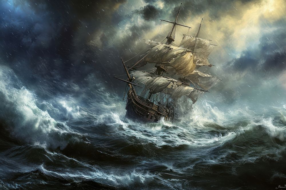 Dark stormy seas ship sailboat outdoors.