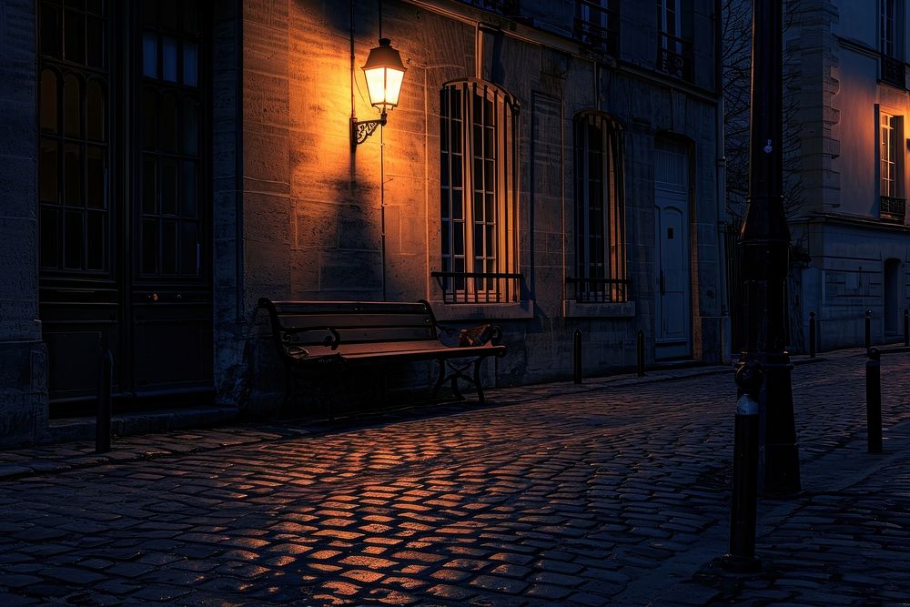 Paris night cobblestone furniture street.