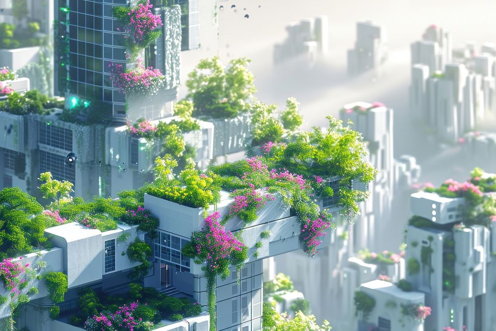 Flowers growing out from building city architecture cityscape.