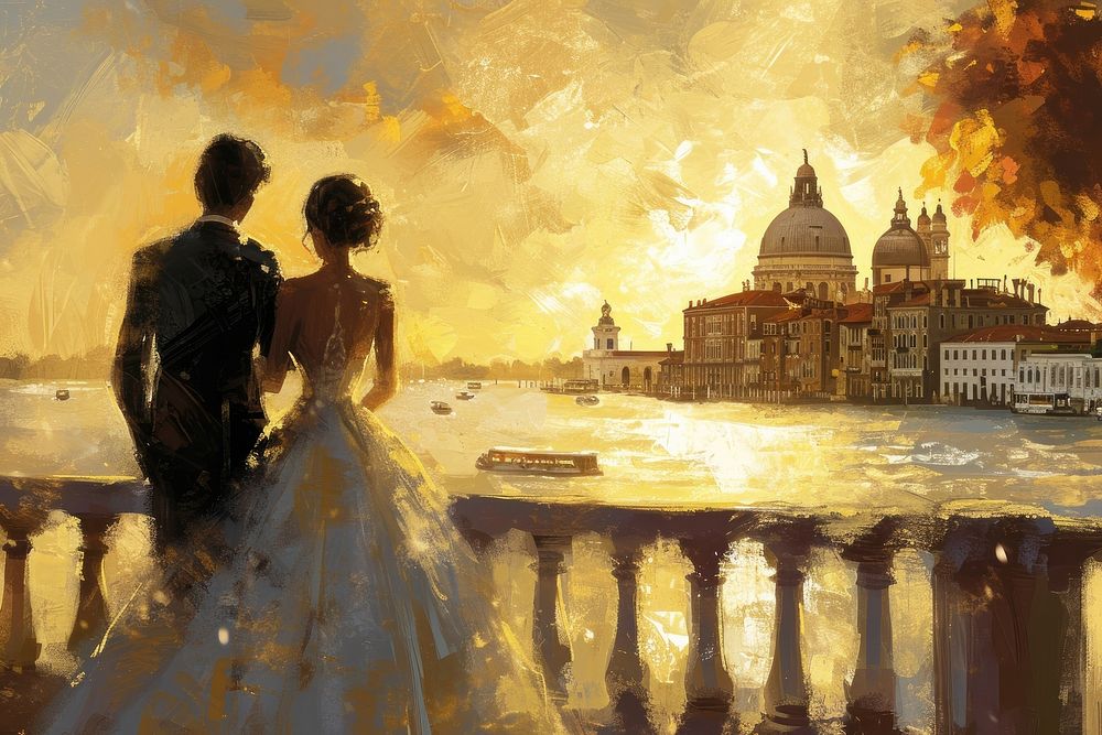 Black couple in their wedding attire painting sunset adult.