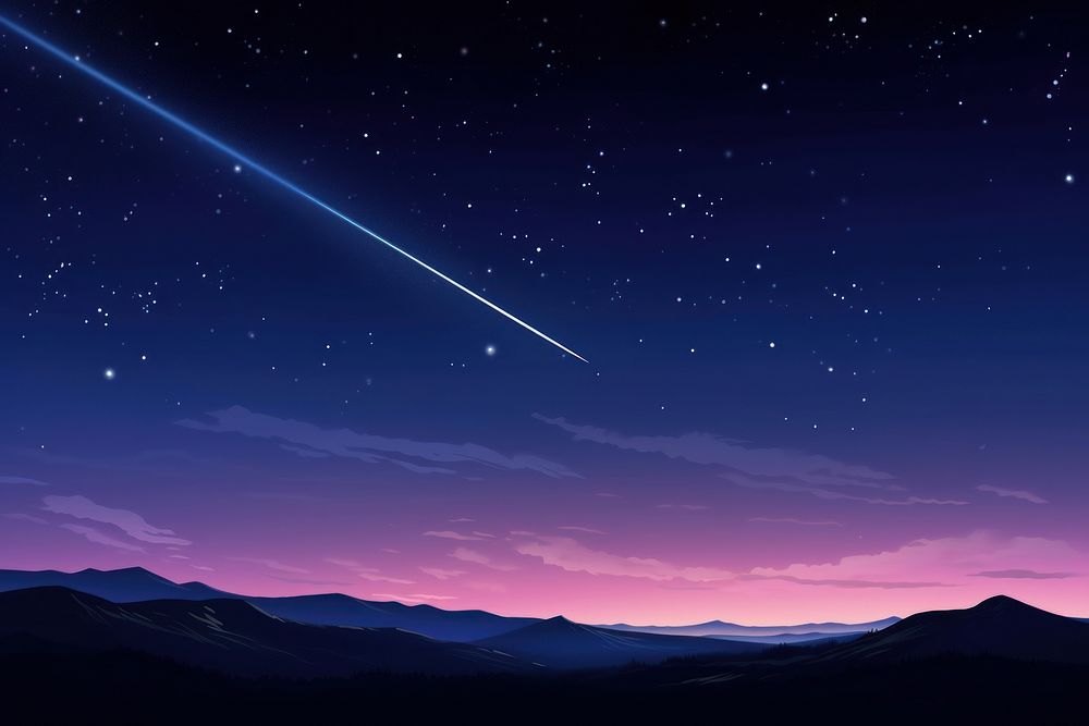 Long shooting star in the night sky with landscape at night space astronomy outdoors.