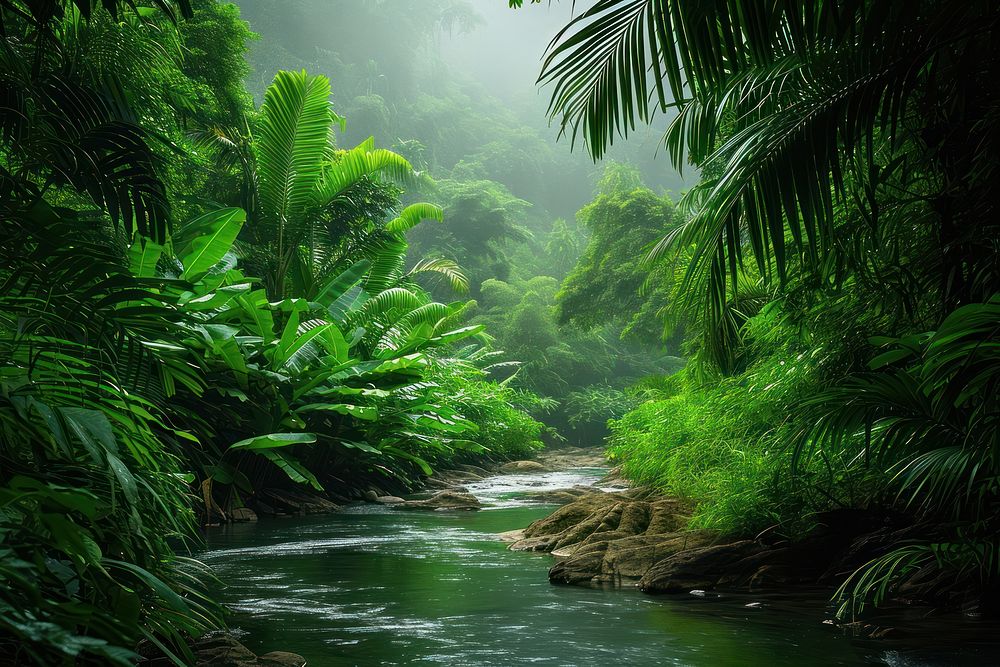 Tropical green forest land vegetation landscape.