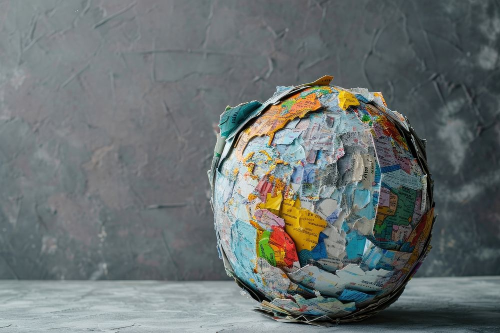 A globe made entirely from Collage paper material sphere art astronomy.