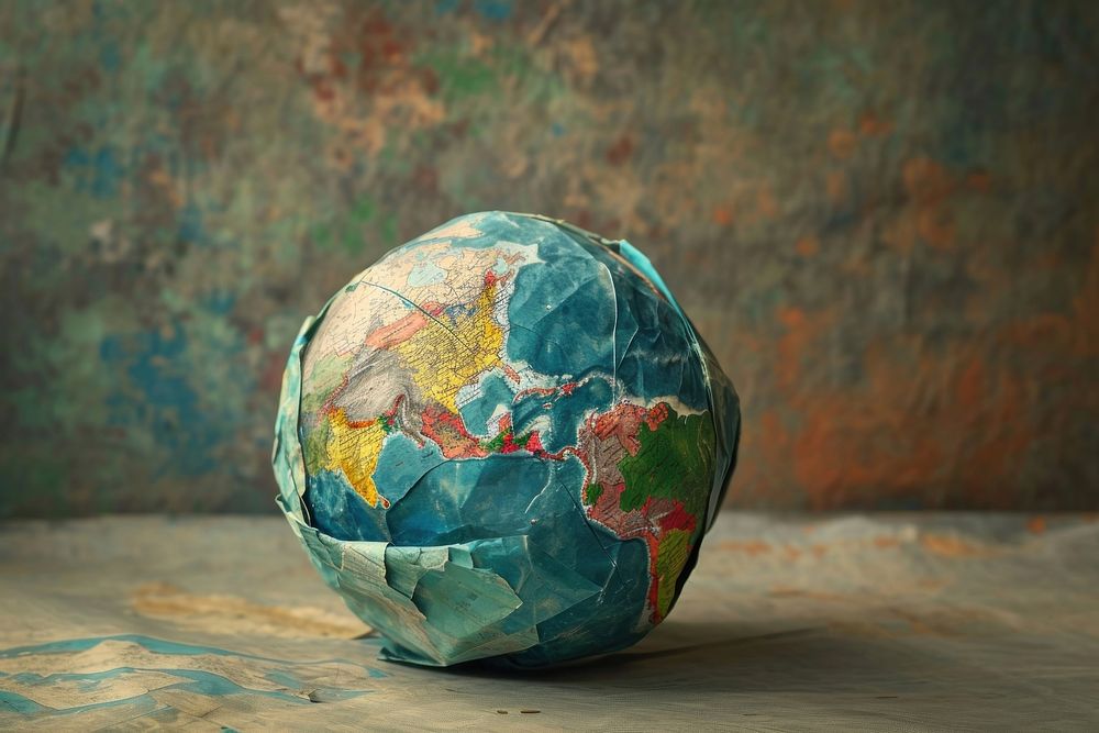A globe made entirely from Collage paper material sphere planet space.