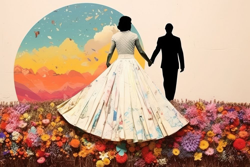 Collage Retro dreamy 2 woman holdhand on wedding dress art flower adult.