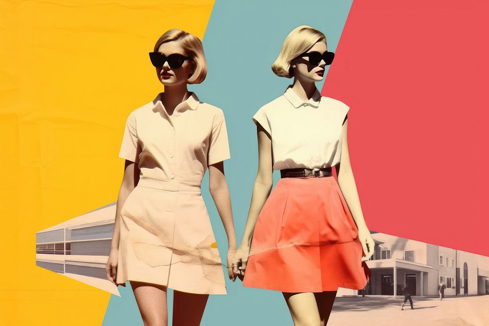 Collage Retro dreamy 2 women walking and walking skirt adult togetherness.