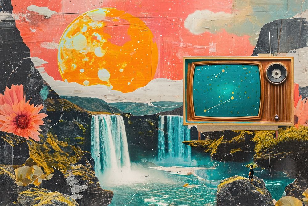 Collage Retro dreamy tv art astronomy painting.