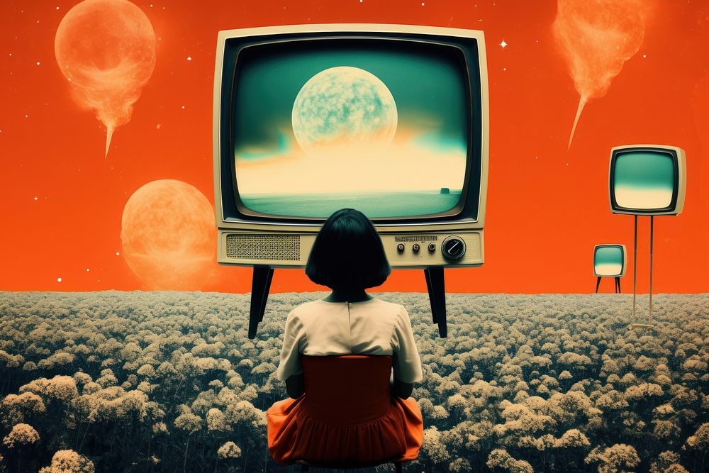 Collage Retro dreamy Watching tv astronomy television space.