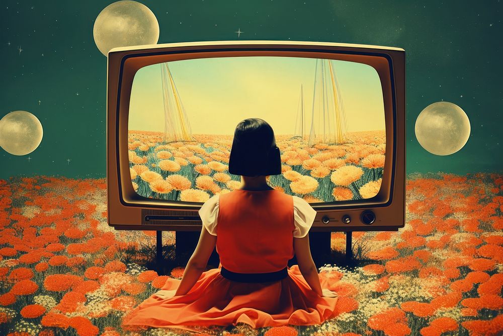 Collage Retro dreamy Watching tv television astronomy adult.