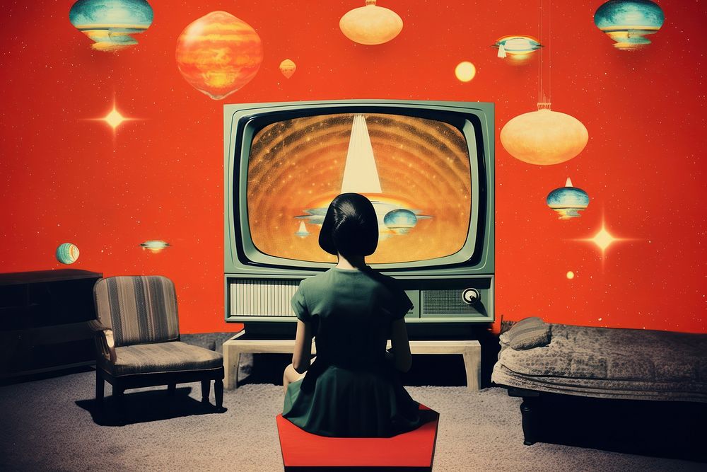 Collage Retro dreamy Watching tv architecture television astronomy.