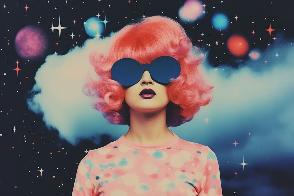 Collage Retro dreamy Wig wig sunglasses astronomy.