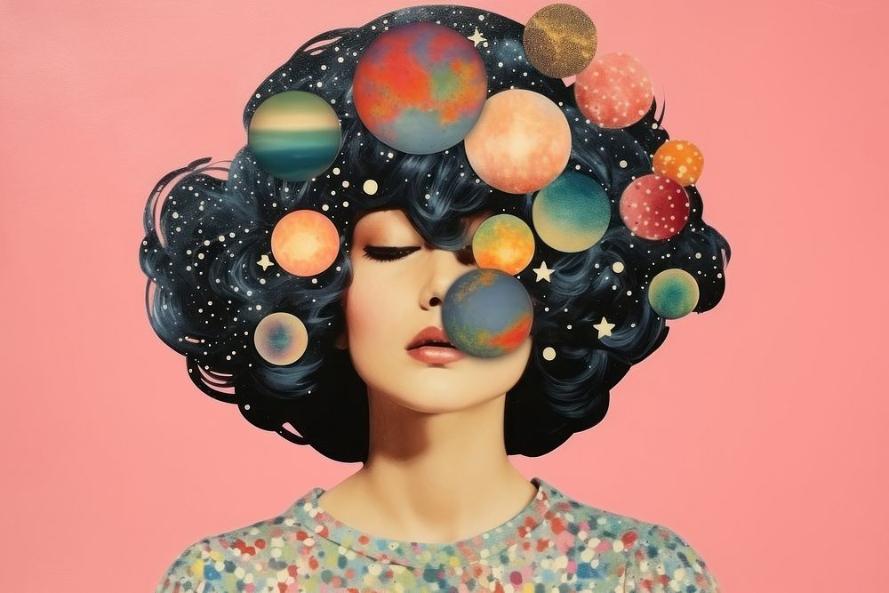 Collage Retro dreamy Wig art adult space.