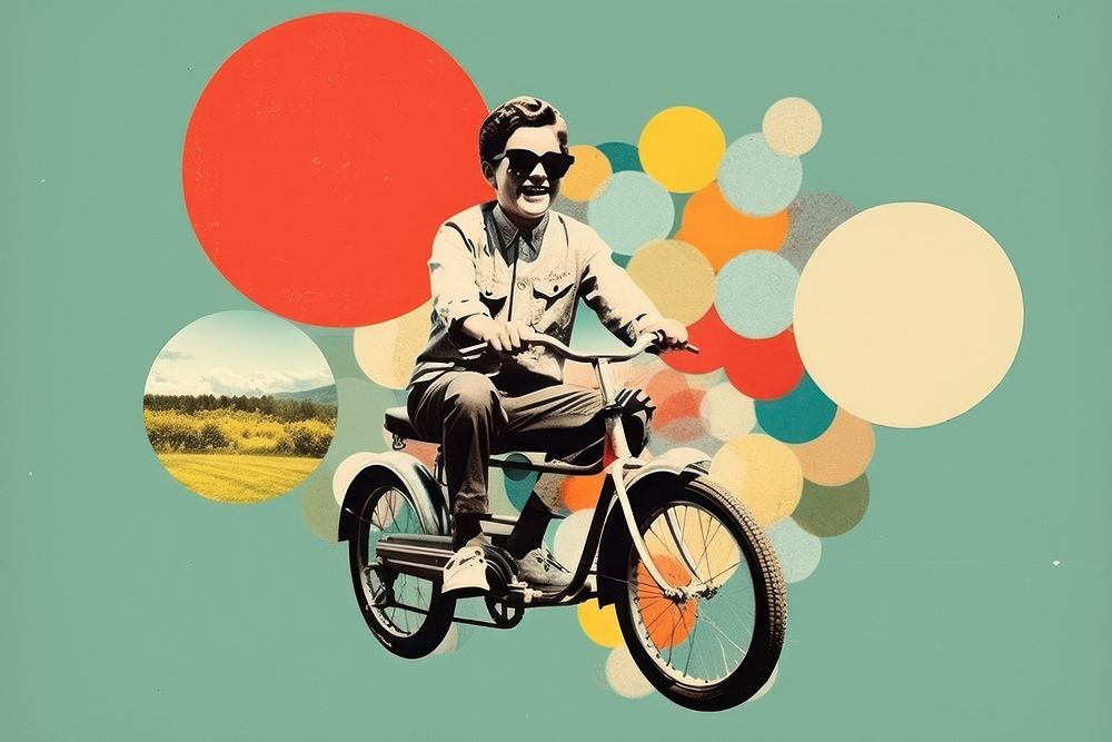 Collage Retro dreamy a boy Happy face motorcycle bicycle vehicle.