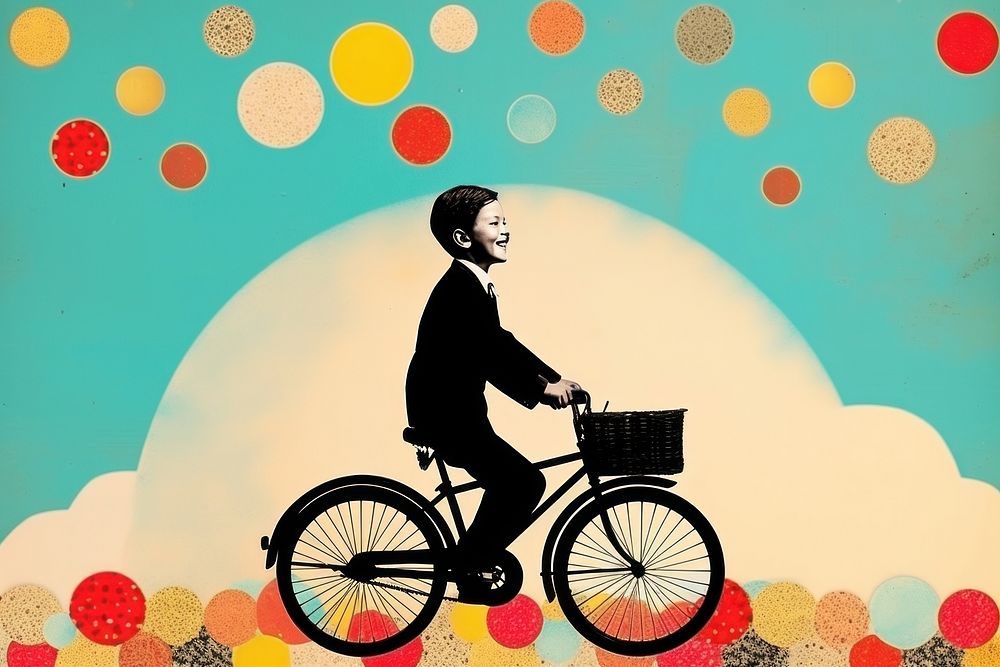 Collage Retro dreamy a boy Happy face bicycle wheel vehicle.