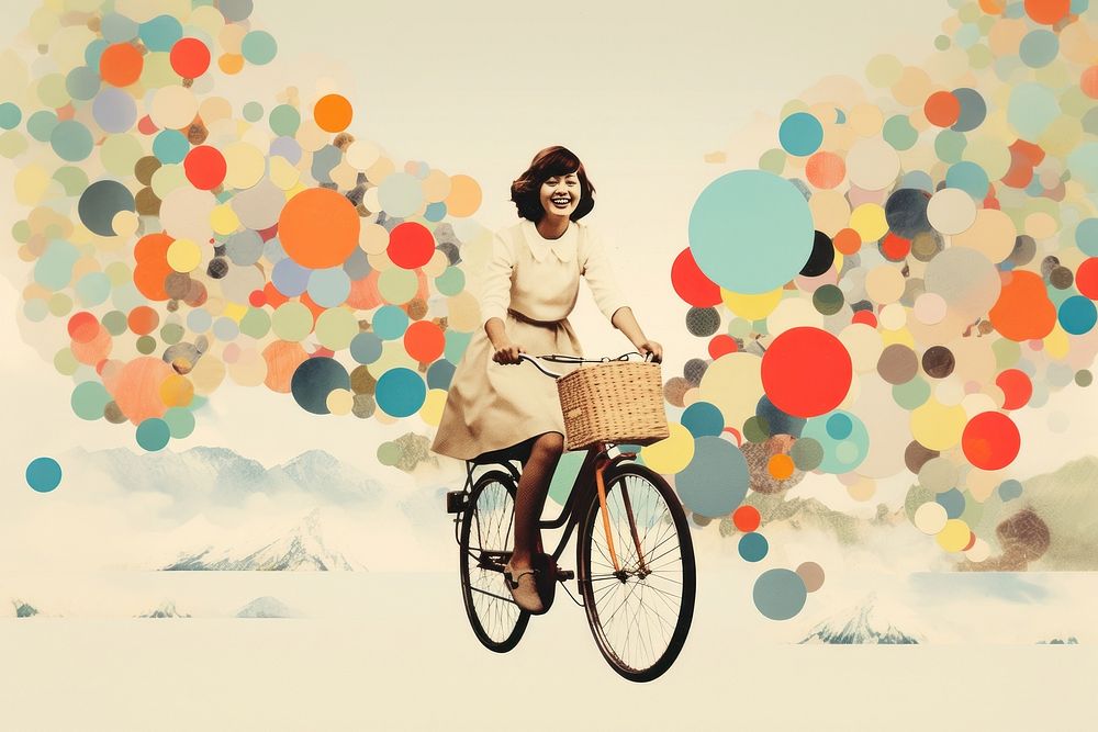 Collage Retro dreamy a girl happy face bicycle painting portrait.