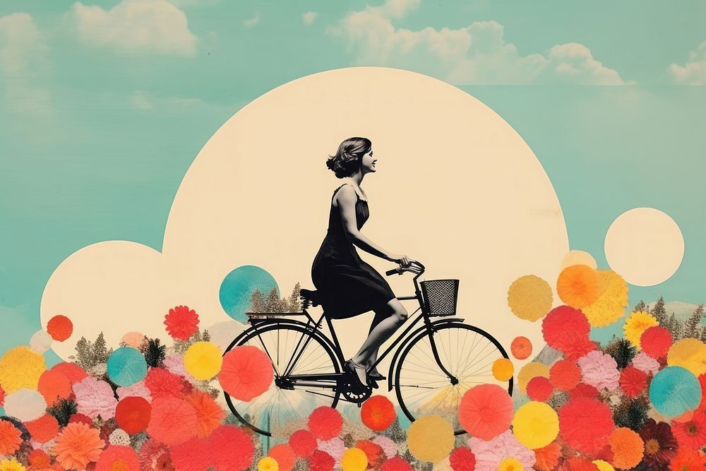 Collage Retro dreamy a girl happy face bicycle art vehicle.