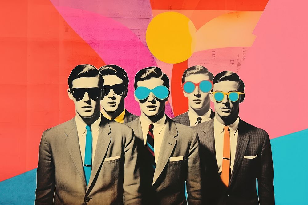 Collage Retro dreamy a group of men sunglasses adult art.