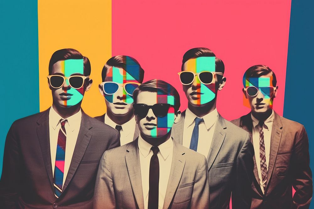 Collage Retro dreamy a group of men sunglasses portrait adult.