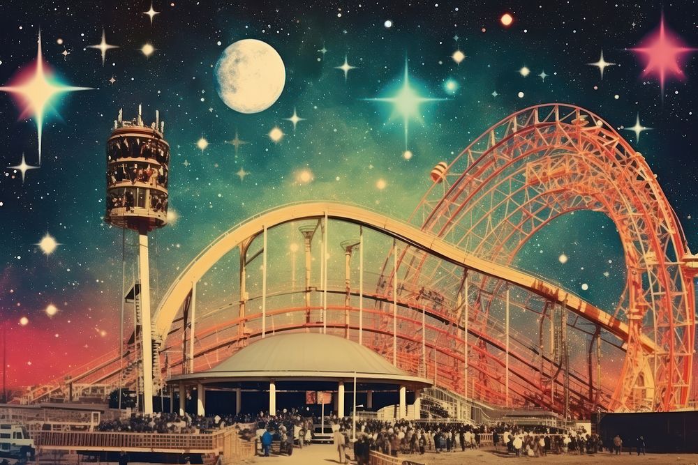 Collage Retro dreamy Amusement park astronomy outdoors galaxy.