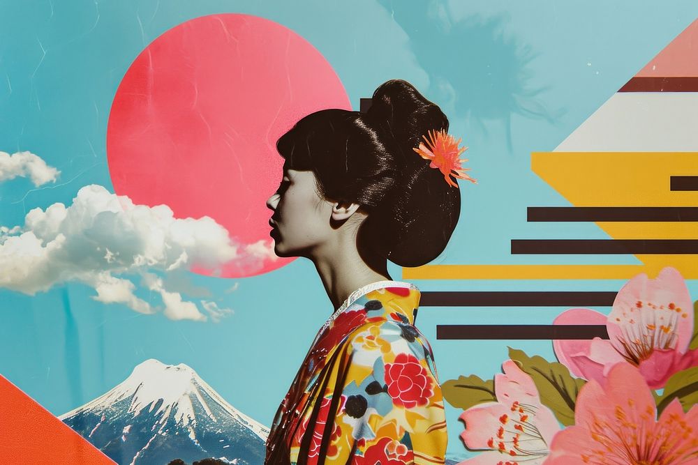 Collage Retro dreamy asian fashion flower plant.