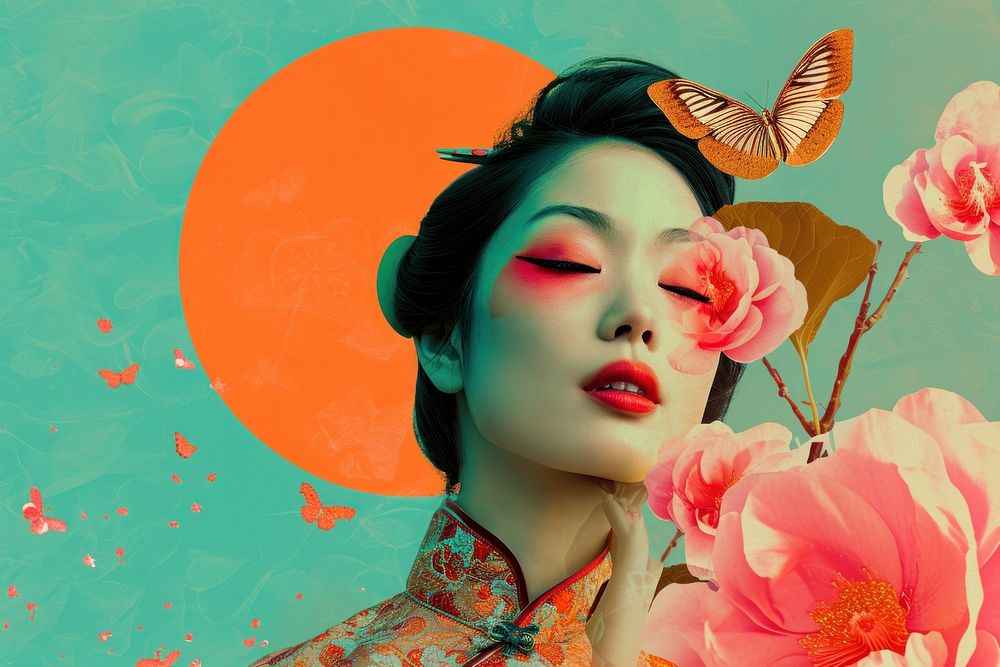 Collage Retro dreamy asian portrait fashion flower.
