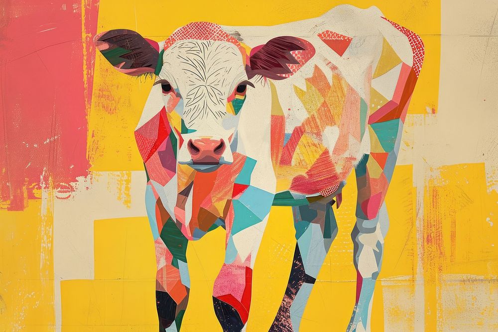 Collage Retro dreamy calf art livestock painting.