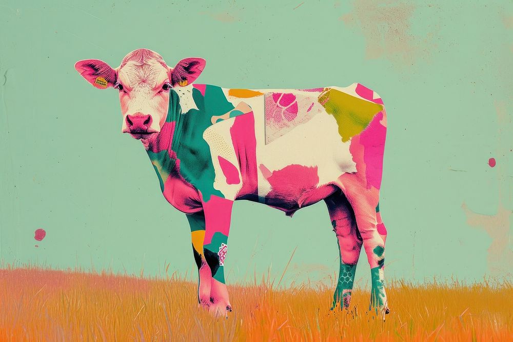 Collage Retro dreamy calf livestock mammal animal.