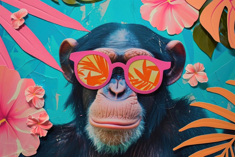 Collage Retro dreamy chimpanzee ape sunglasses wildlife.