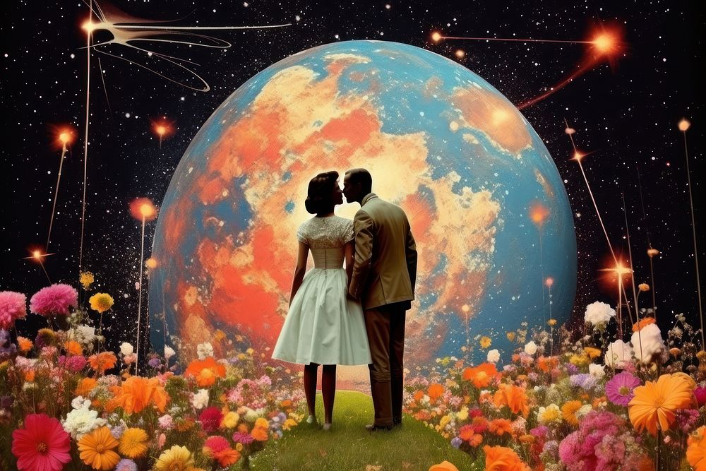 Collage Retro dreamy couple on wedding dress astronomy flower space.