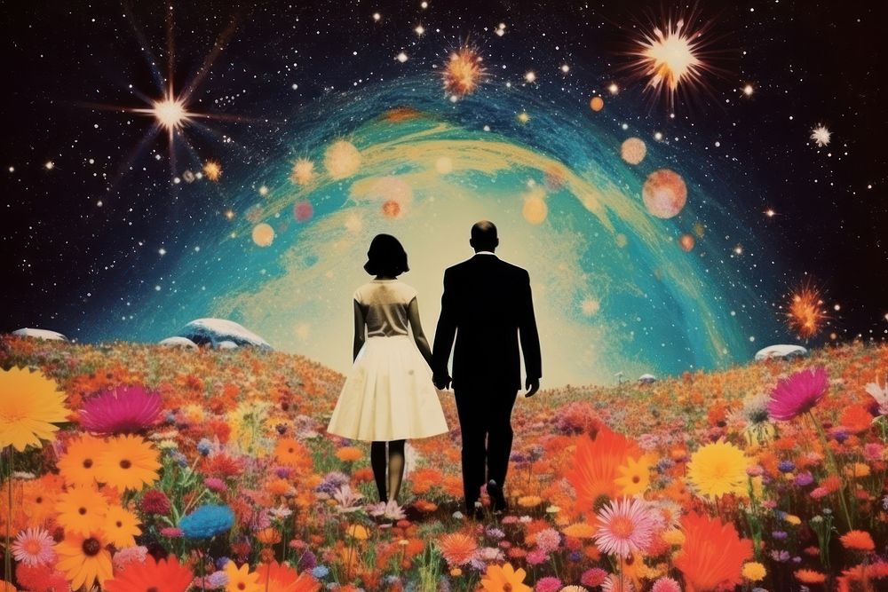 Collage Retro dreamy couple on wedding dress flower astronomy outdoors.