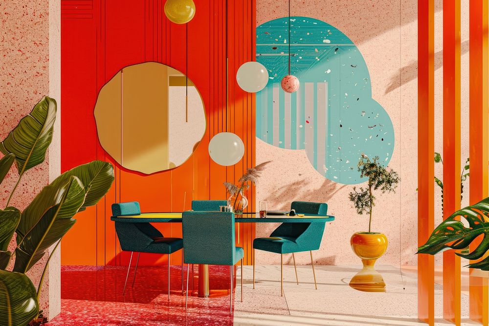 Collage Retro dreamy dining art architecture furniture.