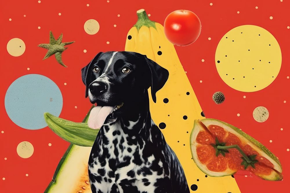 Collage Retro dreamy dog and Giant Chilli animal mammal fruit.