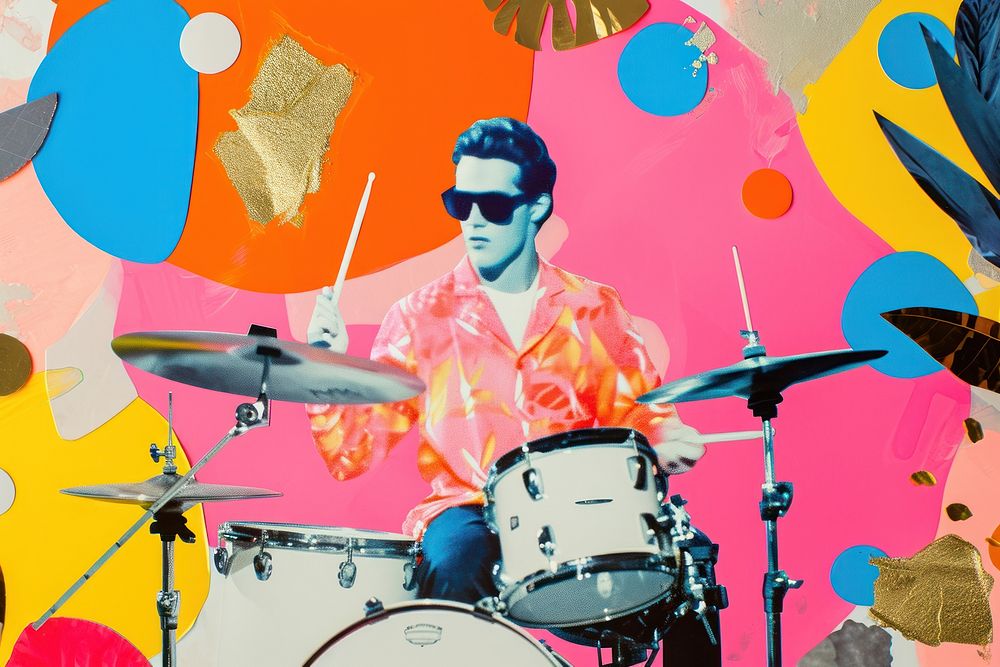 Collage Retro dreamy drummer percussion musician drums.
