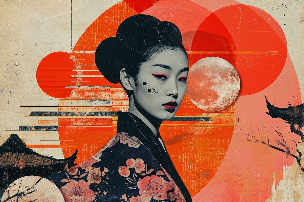 Collage Retro dreamy east asian art portrait painting.