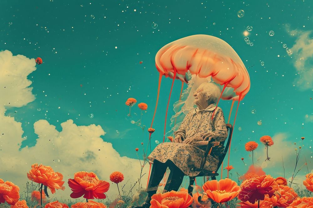 Collage Retro dreamy elderly on jellyfish flower outdoors nature.