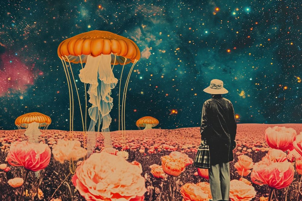 Collage Retro dreamy elderly on jellyfish astronomy outdoors flower.