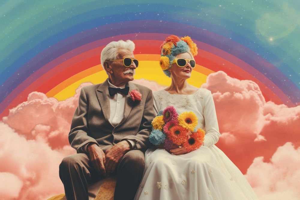 Collage Retro dreamy elderly on wedding dress flower sunglasses portrait.