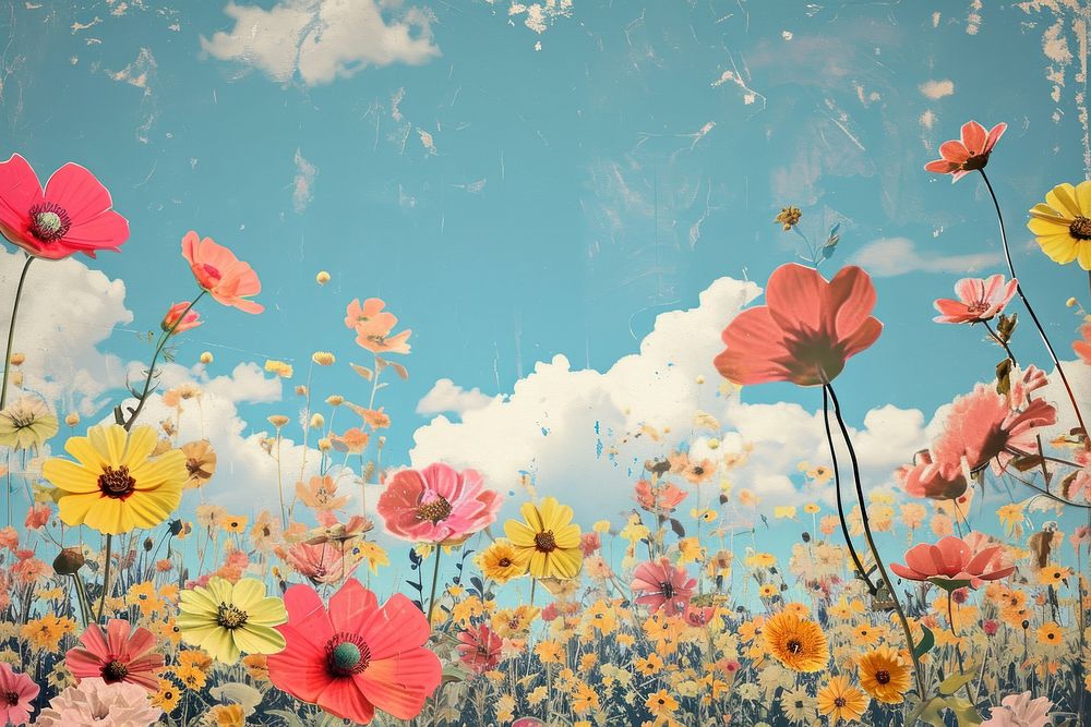 Collage Retro dreamy flower field outdoors blossom nature.