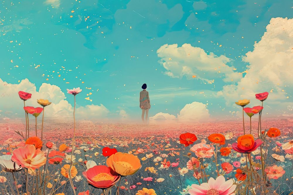 Collage Retro dreamy flower field landscape outdoors nature.