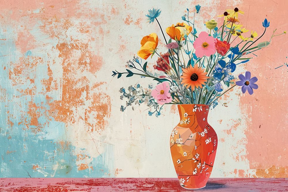 Collage Retro dreamy flower vase art painting pattern.