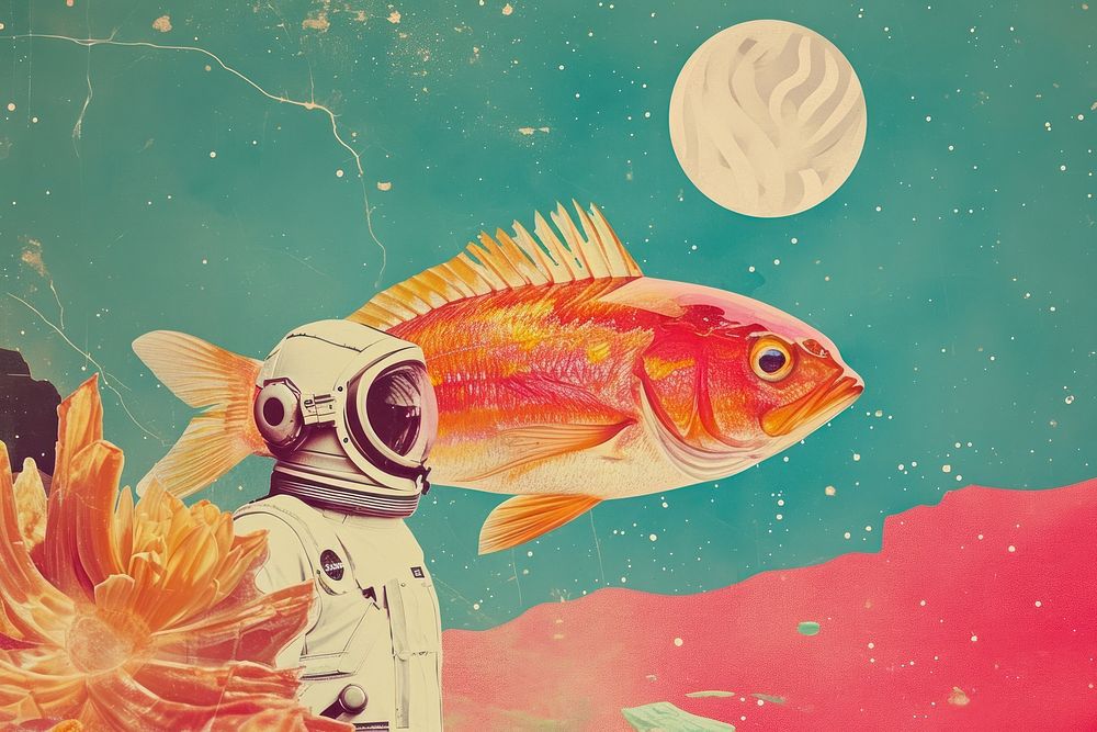 Collage Retro dreamy fried fish animal space art.