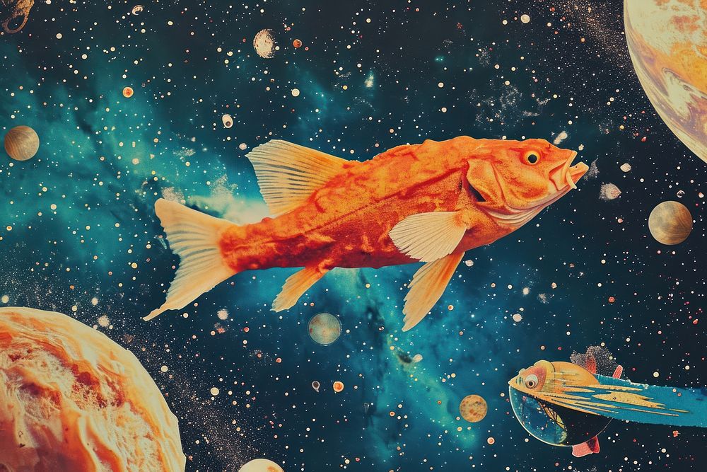 Collage Retro dreamy fried fish astronomy space outdoors.